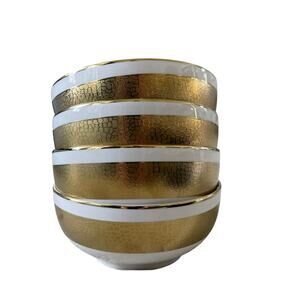 Yedi Metallic Gold Tone 6in Ceramic Bowls Set of 4 Holiday Glam White NEW